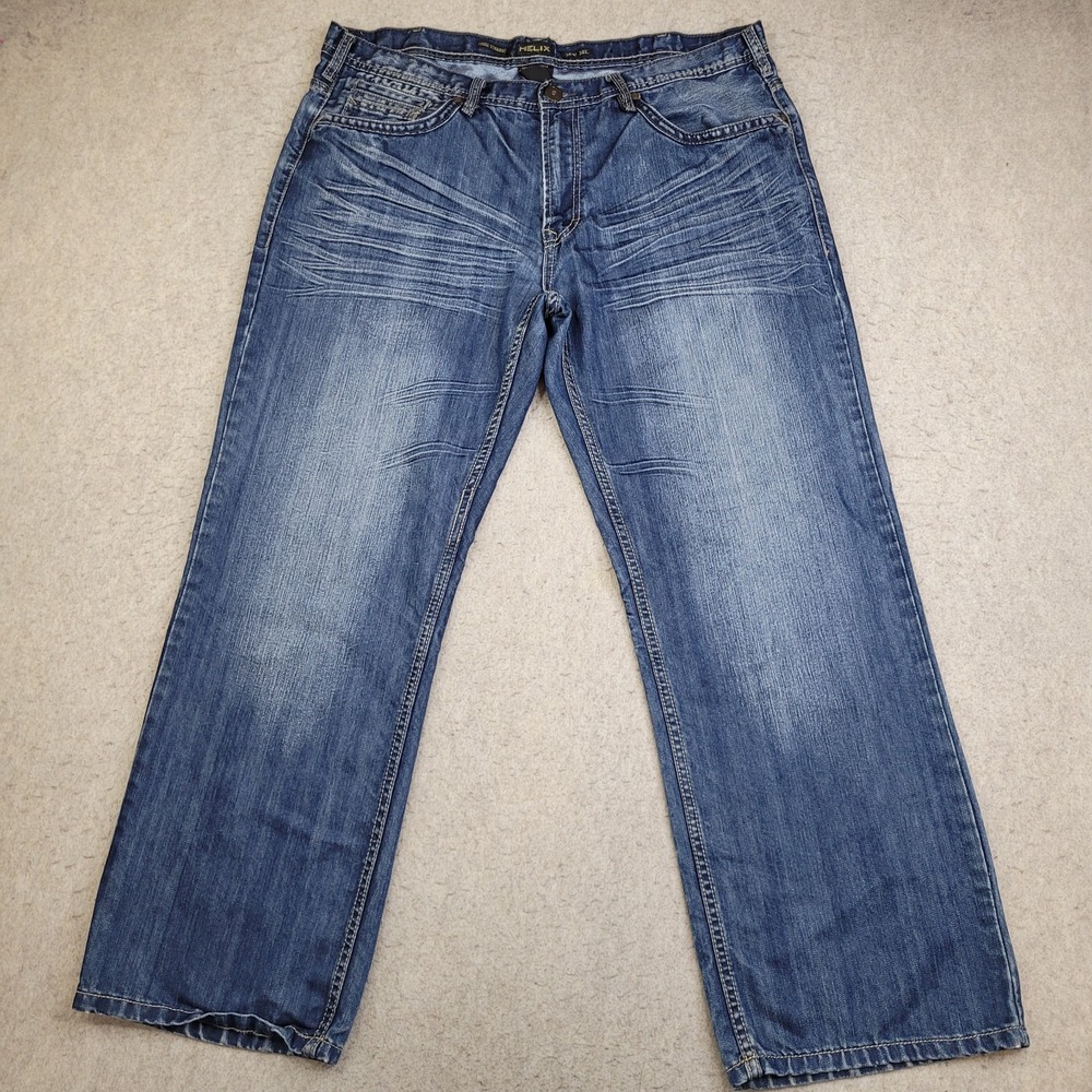 Helix Jeans Mens 38x30 Loose Straight Thick Stitch Blue Whiskered Y2K Vintage